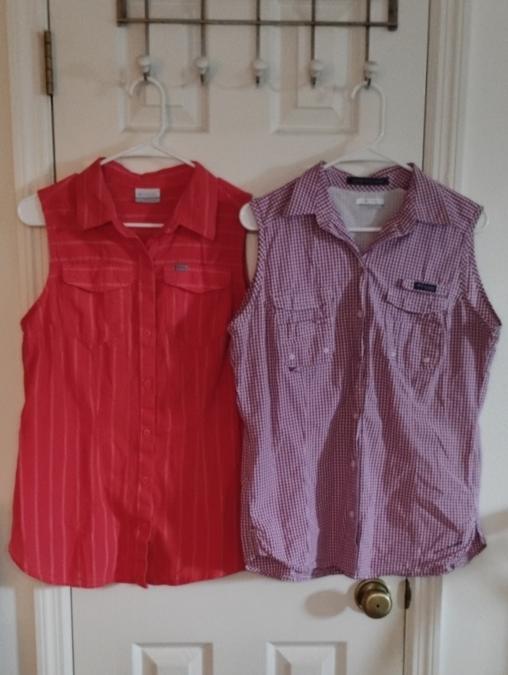Sleeveless Red Stripe & Purple Gingham Button-Up Columbia Shirts - Women Size L